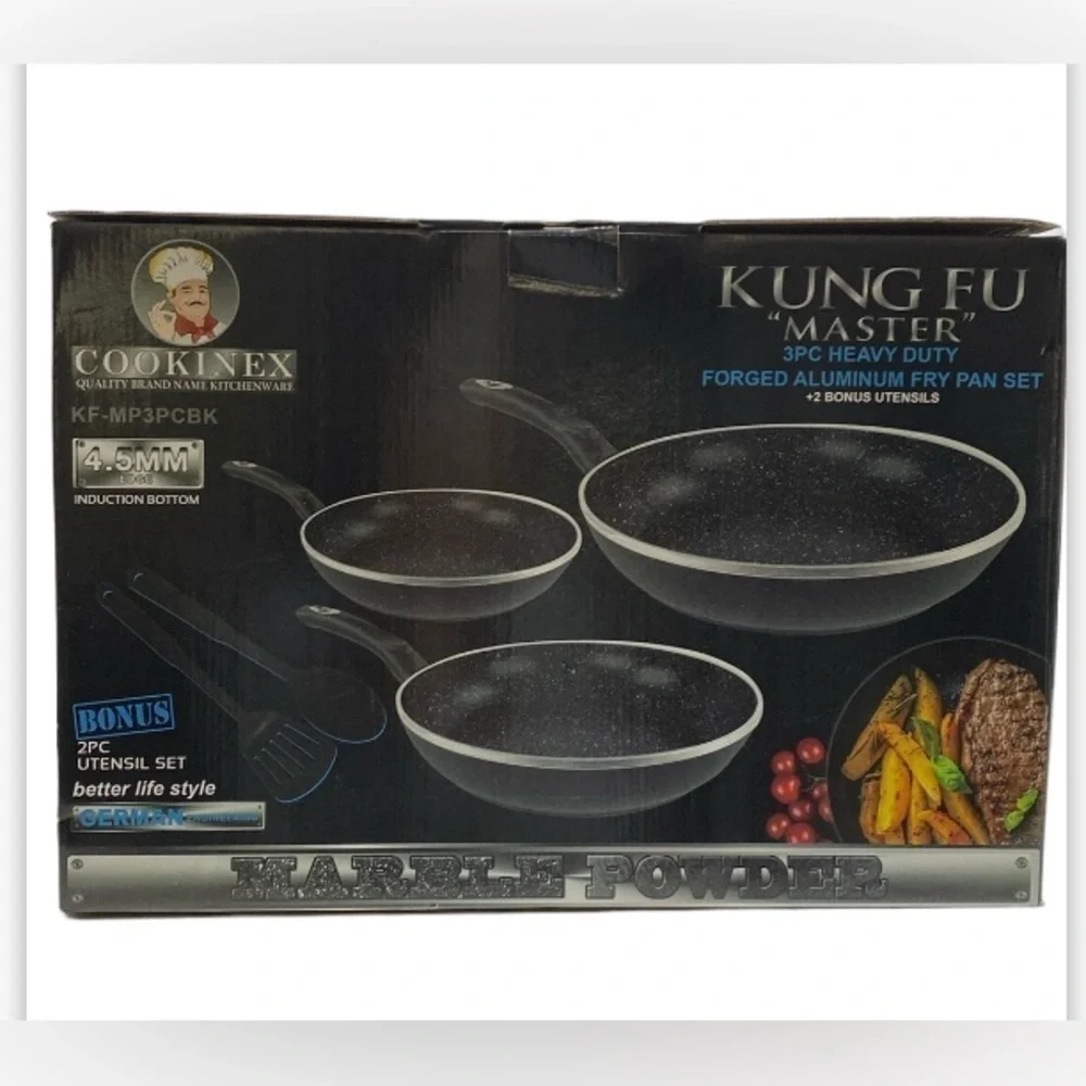 $99 NEW! Heavy Duty Forged Aluminum Fry Pan 3 Piece Set + 2 Bonus Utensils